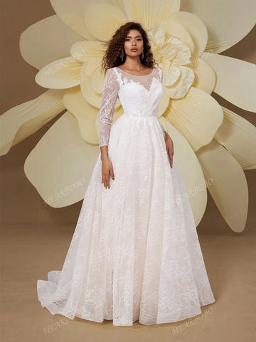 White Premium Bridal Gown With Long Sleeves And A Big Skirt