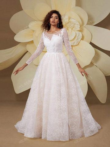 White Premium Bridal Gown With Long Sleeves And A Big Skirt