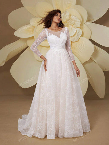 White Premium Bridal Gown With Long Sleeves And A Big Skirt
