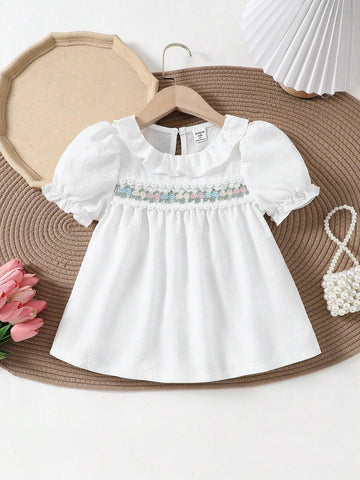 White Puff Sleeve Embroidered Detail Shirt For Young Girls, Suitable For Elegance