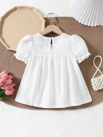 White Puff Sleeve Embroidered Detail Shirt For Young Girls, Suitable For Elegance