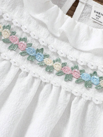 White Puff Sleeve Embroidered Detail Shirt For Young Girls, Suitable For Elegance