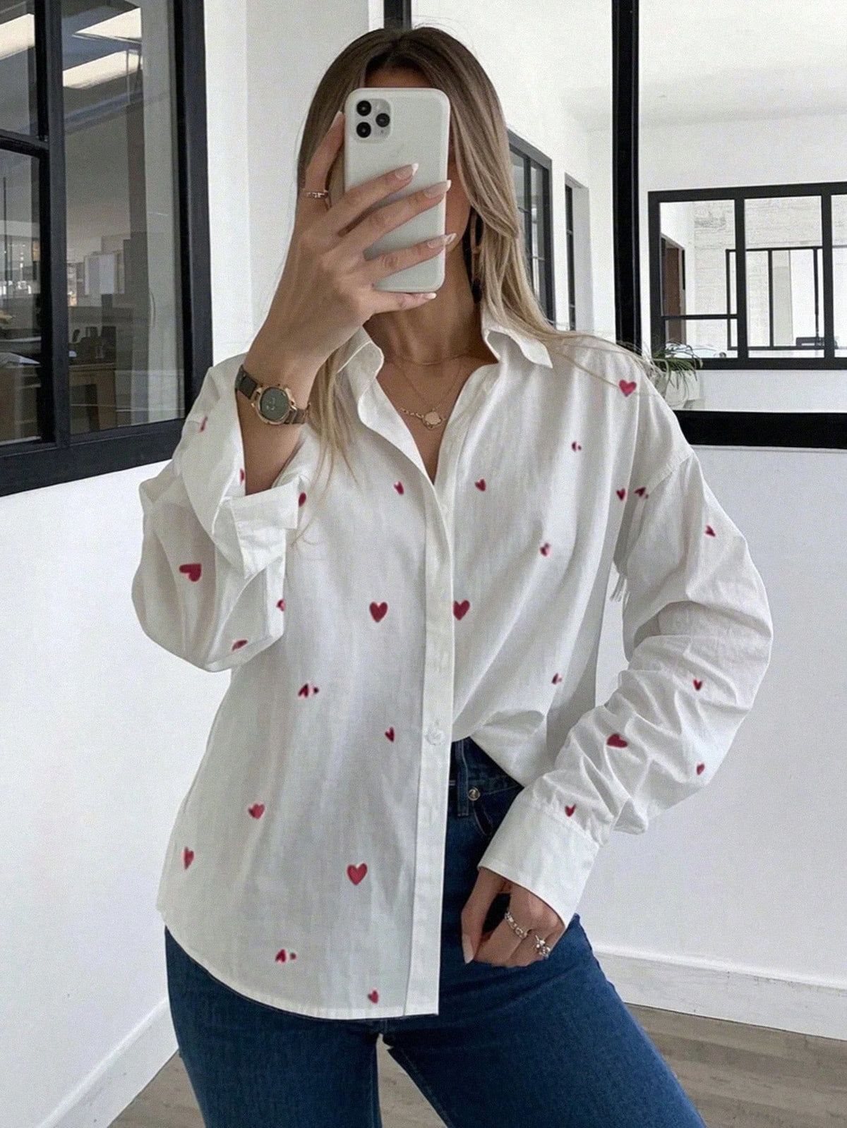 White Red Heart Collar Blouse, Office Lady Style For Valentine's Day