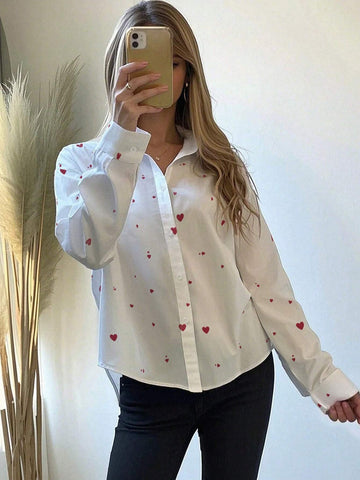 White Red Heart Collar Blouse, Office Lady Style For Valentine's Day