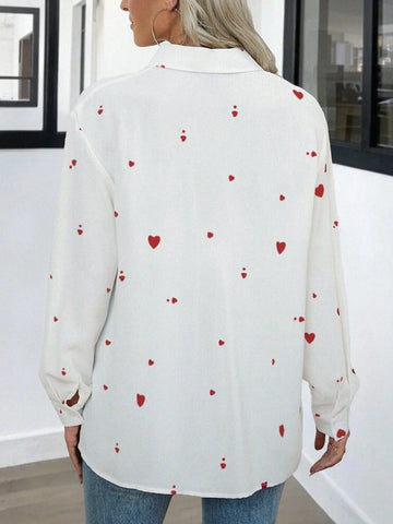 White Red Heart Collar Blouse, Office Lady Style For Valentine's Day