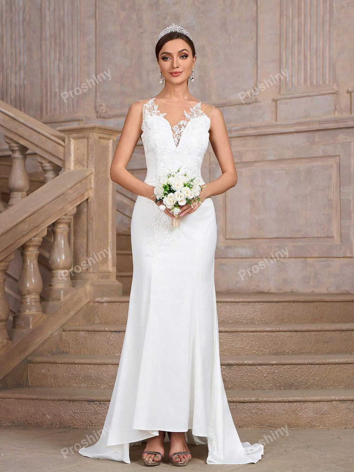 White Sheer Net & Lace Patchwork Hollow Out Back Luxurious Wedding/Prom Bride Dress