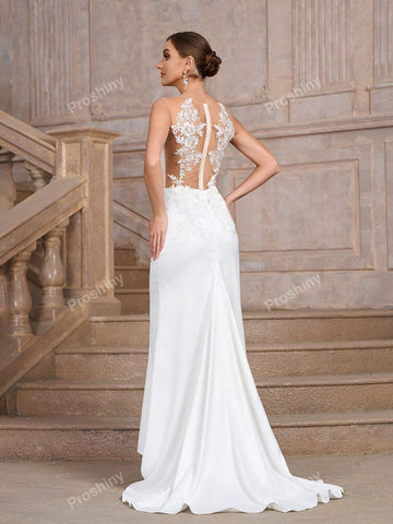 White Sheer Net & Lace Patchwork Hollow Out Back Luxurious Wedding/Prom Bride Dress