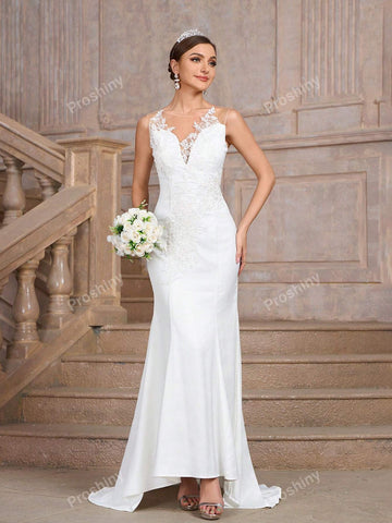 White Sheer Net & Lace Patchwork Hollow Out Back Luxurious Wedding/Prom Bride Dress