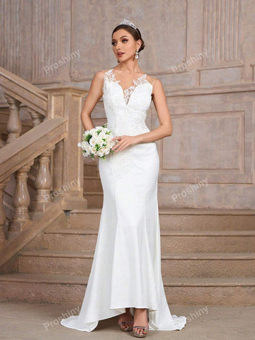 White Sheer Net & Lace Patchwork Hollow Out Back Luxurious Wedding/Prom Bride Dress