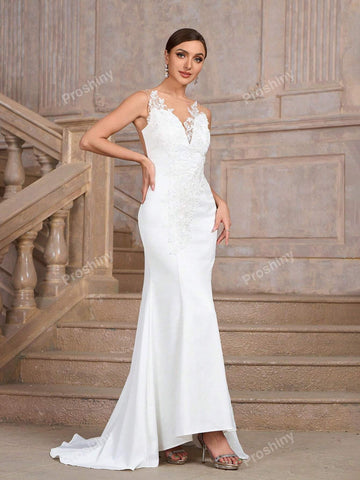 White Sheer Net & Lace Patchwork Hollow Out Back Luxurious Wedding/Prom Bride Dress