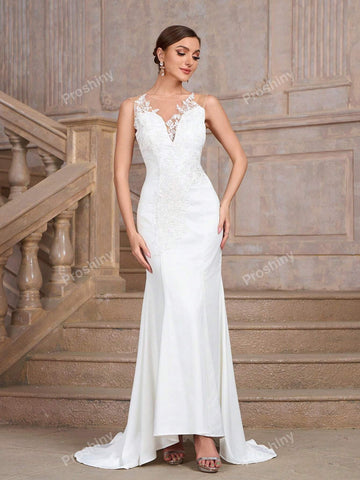 White Sheer Net & Lace Patchwork Hollow Out Back Luxurious Wedding/Prom Bride Dress