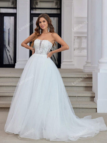White Strapless Tulle Wedding Dress For Bride Long Lace Floral Applique Bridal Gown Lace Up Back With Train