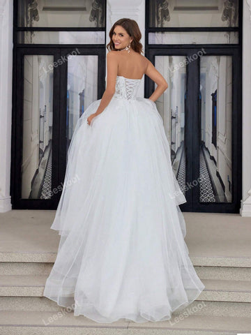 White Strapless Tulle Wedding Dress For Bride Long Lace Floral Applique Bridal Gown Lace Up Back With Train