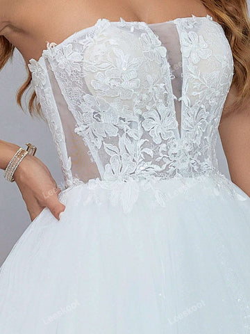 White Strapless Tulle Wedding Dress For Bride Long Lace Floral Applique Bridal Gown Lace Up Back With Train