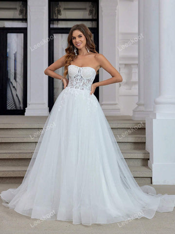 White Strapless Tulle Wedding Dresses Long Floral Lace Fishbone Bridal Gowns With Train A Line Corset Wedding Gown For Women