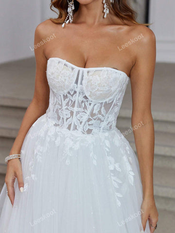 White Strapless Tulle Wedding Dresses Long Floral Lace Fishbone Bridal Gowns With Train A Line Corset Wedding Gown For Women