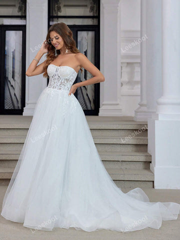 White Strapless Tulle Wedding Dresses Long Floral Lace Fishbone Bridal Gowns With Train A Line Corset Wedding Gown For Women