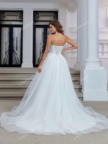 White Strapless Tulle Wedding Dresses Long Floral Lace Fishbone Bridal Gowns With Train A Line Corset Wedding Gown For Women