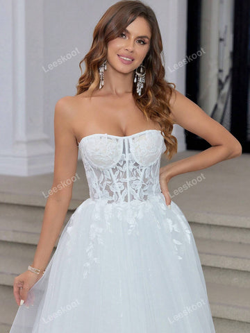 White Strapless Tulle Wedding Dresses Long Floral Lace Fishbone Bridal Gowns With Train A Line Corset Wedding Gown For Women
