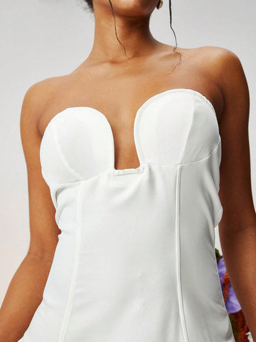 White U-Shaped Bustier Bodycon Low-Waisted Bubble Skirt Short Formal Dress