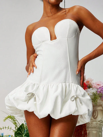 White U-Shaped Bustier Bodycon Low-Waisted Bubble Skirt Short Formal Dress