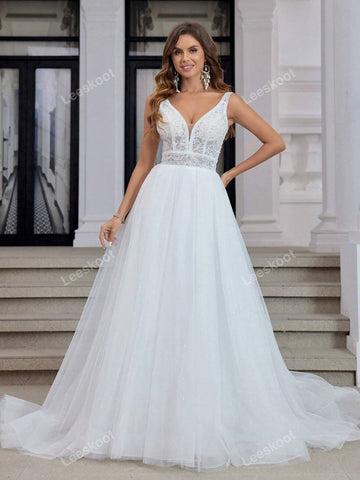 White V Neck Tulle Wedding Dresses For Bride Long A Line Lace Pearl Elegant Sequin Wedding Gown With Train Sleeveless