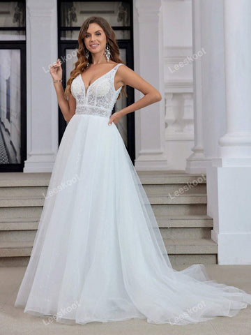 White V Neck Tulle Wedding Dresses For Bride Long A Line Lace Pearl Elegant Sequin Wedding Gown With Train Sleeveless