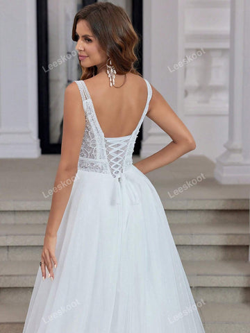 White V Neck Tulle Wedding Dresses For Bride Long A Line Lace Pearl Elegant Sequin Wedding Gown With Train Sleeveless
