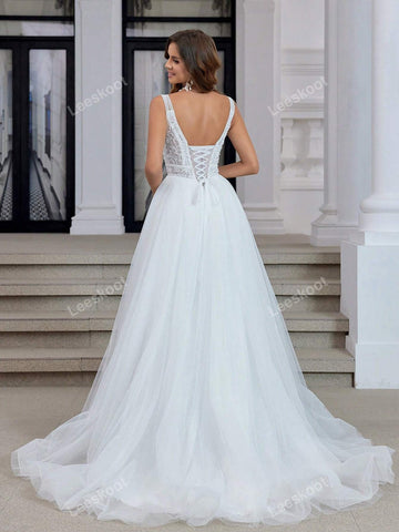 White V Neck Tulle Wedding Dresses For Bride Long A Line Lace Pearl Elegant Sequin Wedding Gown With Train Sleeveless