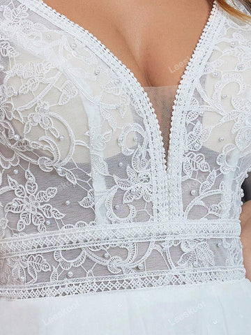 White V Neck Tulle Wedding Dresses For Bride Long A Line Lace Pearl Elegant Sequin Wedding Gown With Train Sleeveless