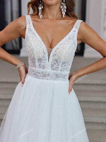 White V Neck Tulle Wedding Dresses For Bride Long A Line Lace Pearl Elegant Sequin Wedding Gown With Train Sleeveless