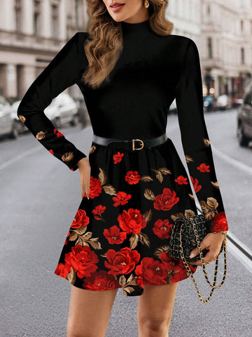 Whitebread Funnel Neck Plaid Dress Without Belt Casual Sleeves Dress For Women, Warm For Autumn/Winter