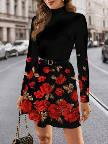 Whitebread Funnel Neck Plaid Dress Without Belt Casual Sleeves Dress For Women, Warm For Autumn/Winter