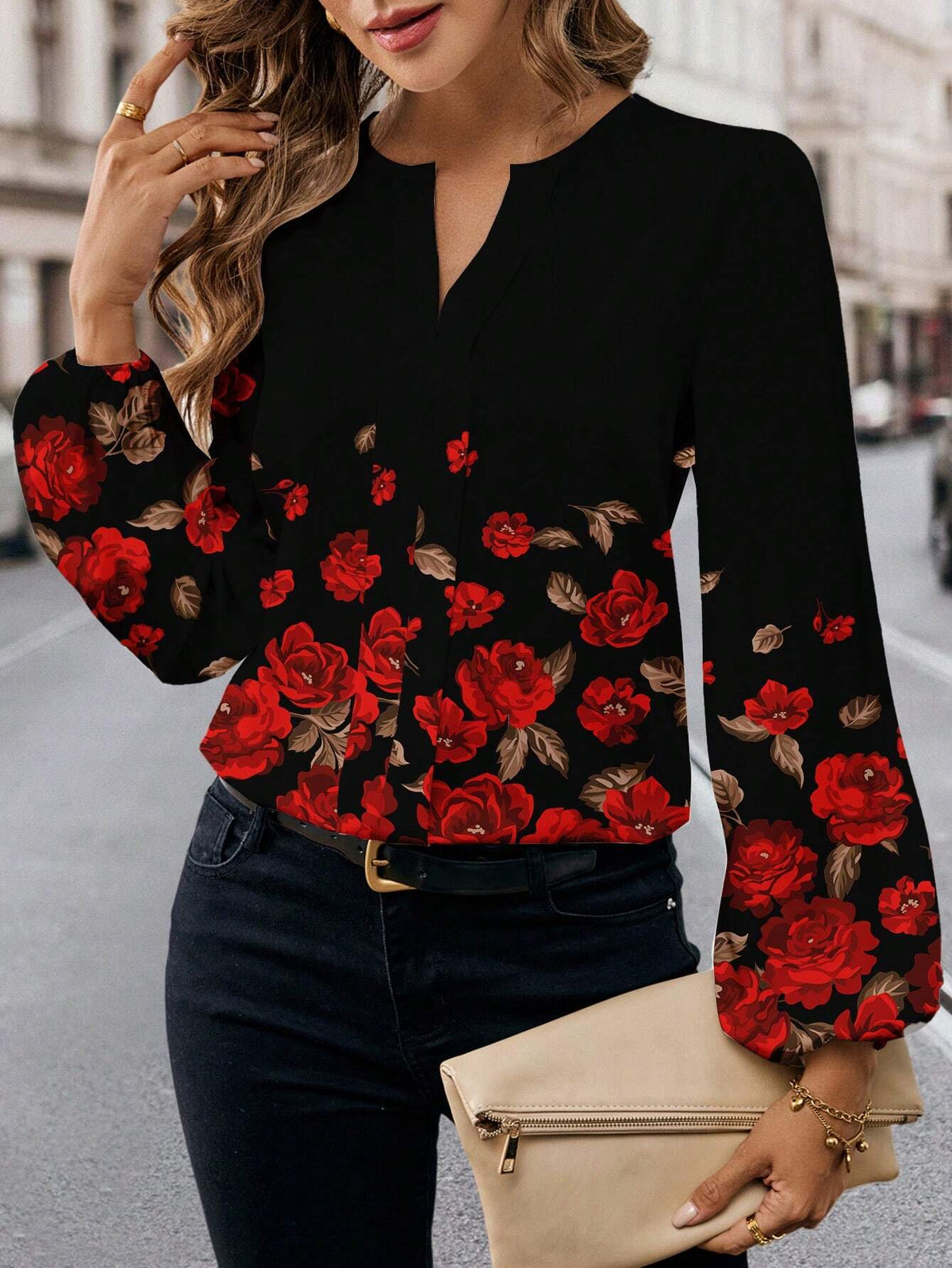 Women's Simple Gradient Printed Casual Shirt, Suitable For Spring And Autumn