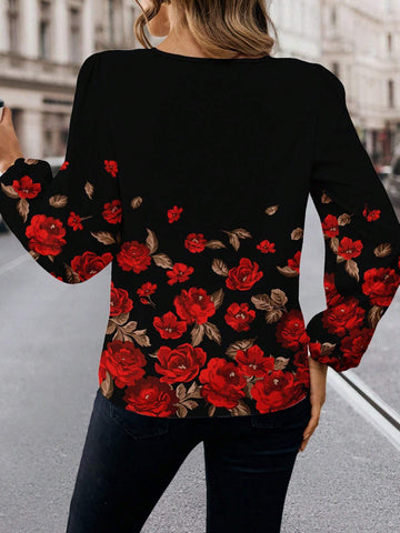 Women's Simple Gradient Printed Casual Shirt, Suitable For Spring And Autumn