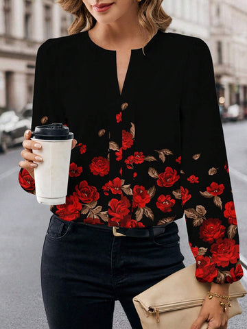 Women's Simple Gradient Printed Casual Shirt, Suitable For Spring And Autumn