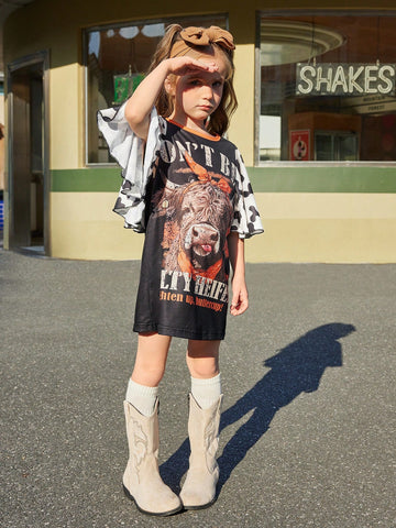 Girls' Spring/Summer New Cow Print Dress With Oversized Ruffle Sleeve Decor, Expressing Western Style