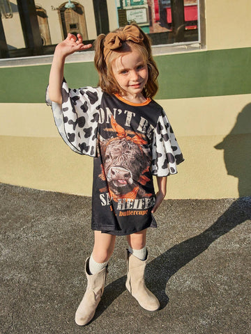 Girls' Spring/Summer New Cow Print Dress With Oversized Ruffle Sleeve Decor, Expressing Western Style