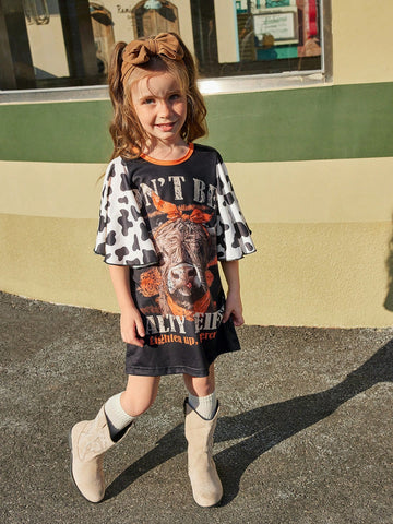 Girls' Spring/Summer New Cow Print Dress With Oversized Ruffle Sleeve Decor, Expressing Western Style