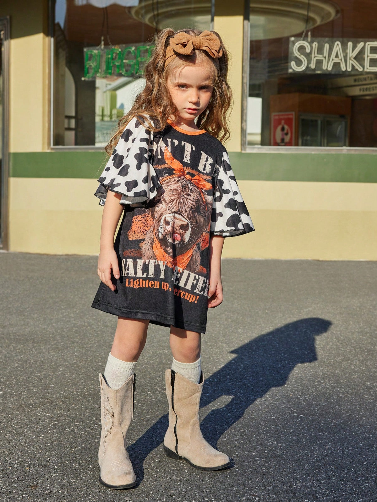 Girls' Spring/Summer New Cow Print Dress With Oversized Ruffle Sleeve Decor, Expressing Western Style