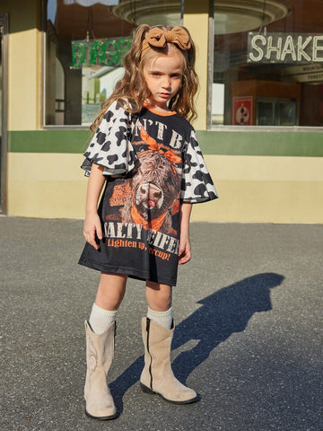 Girls' Spring/Summer New Cow Print Dress With Oversized Ruffle Sleeve Decor, Expressing Western Style