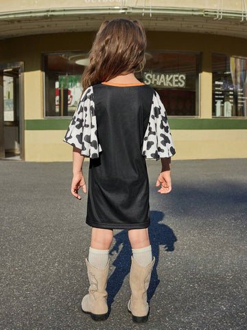 Girls' Spring/Summer New Cow Print Dress With Oversized Ruffle Sleeve Decor, Expressing Western Style