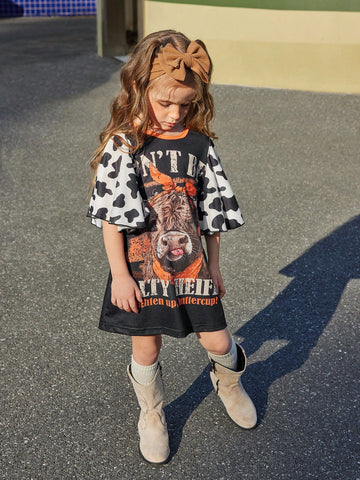 Girls' Spring/Summer New Cow Print Dress With Oversized Ruffle Sleeve Decor, Expressing Western Style