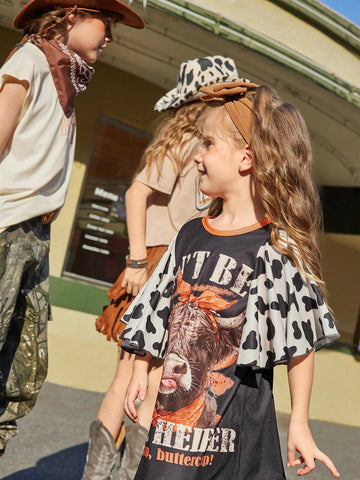 Girls' Spring/Summer New Cow Print Dress With Oversized Ruffle Sleeve Decor, Expressing Western Style