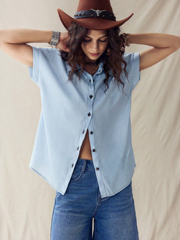Wildy Coachella Boho Western Summer Rave Top Solid Color Front Button Casual Short Sleeve Shirt