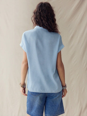 Wildy Coachella Boho Western Summer Rave Top Solid Color Front Button Casual Short Sleeve Shirt