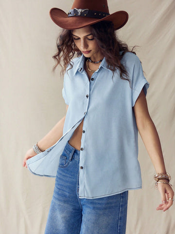 Wildy Coachella Boho Western Summer Rave Top Solid Color Front Button Casual Short Sleeve Shirt