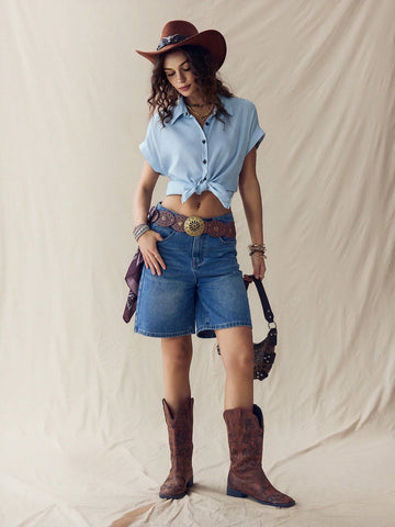 Wildy Coachella Boho Western Summer Rave Top Solid Color Front Button Casual Short Sleeve Shirt
