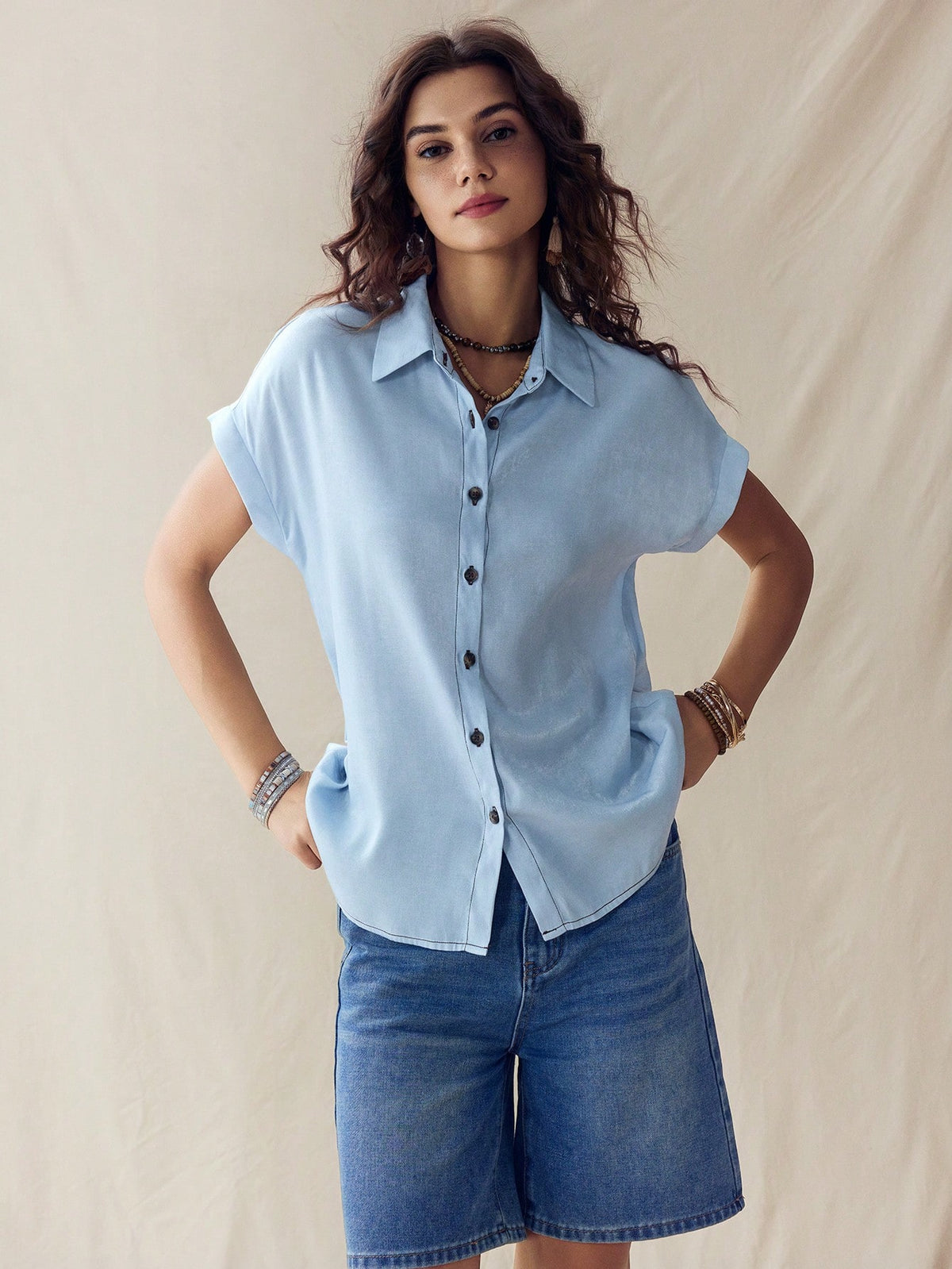 Wildy Coachella Boho Western Summer Rave Top Solid Color Front Button Casual Short Sleeve Shirt