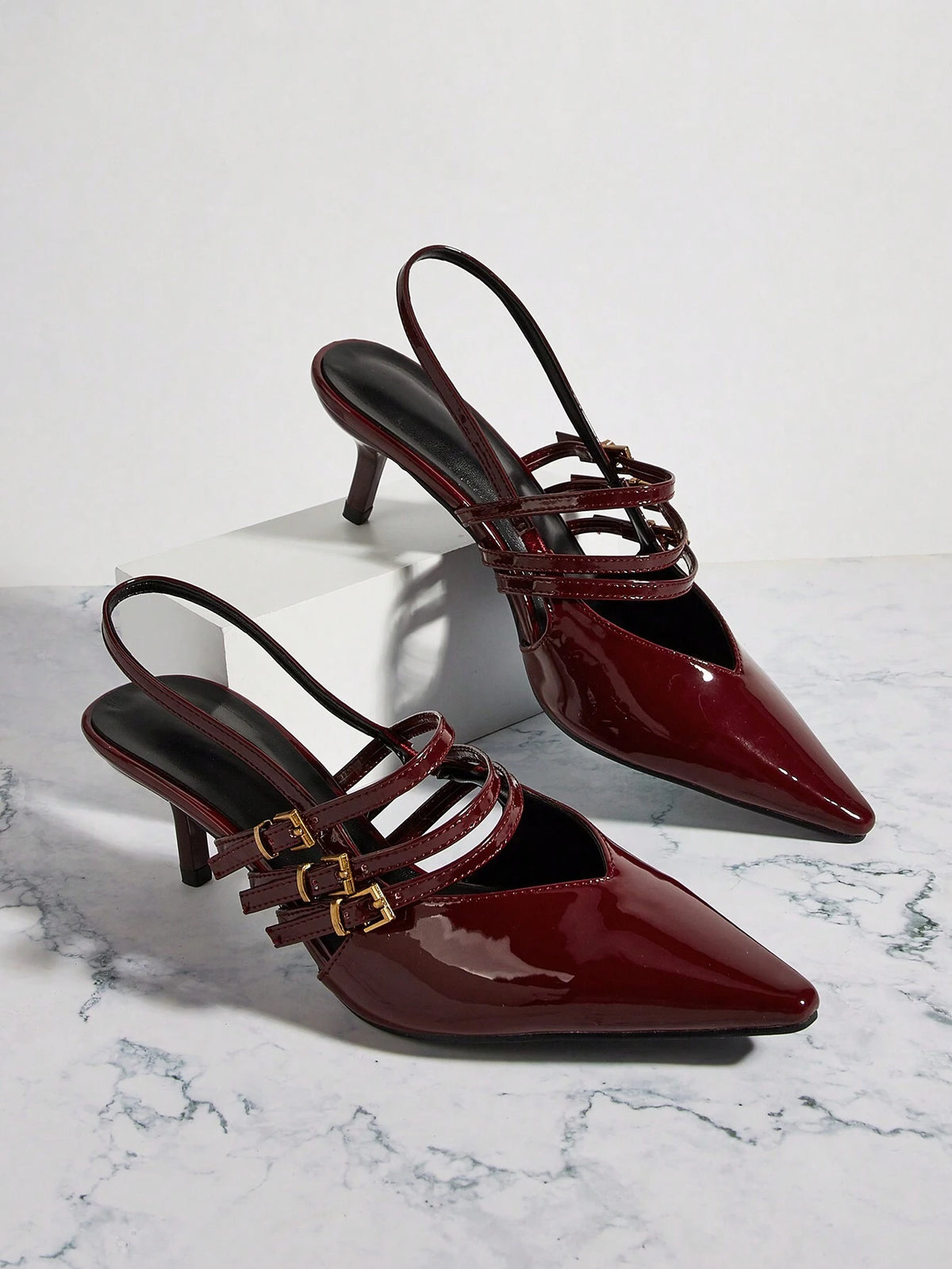 Wine Red Pointed Toe Buckle Decor High Heel Sandals, Elegant & Sexy